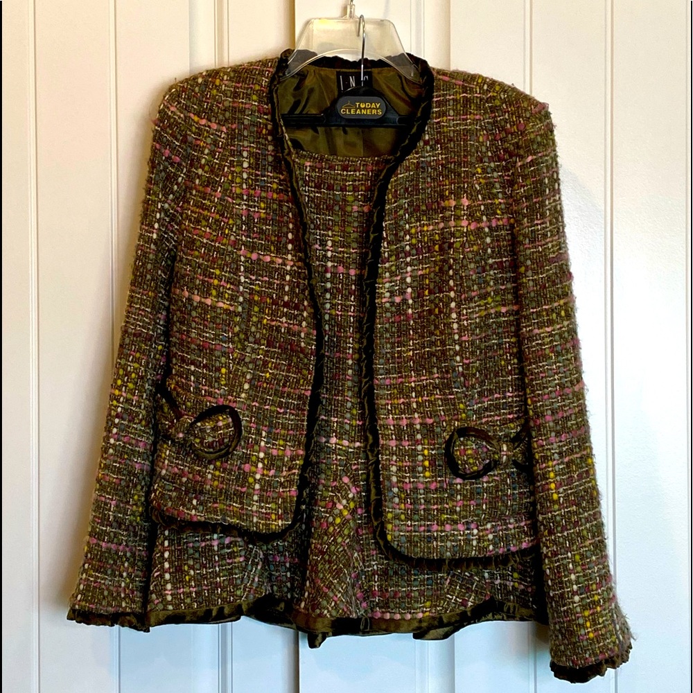 INC International Concepts Olive Tweed Jacket with Pink and Yellow Threads